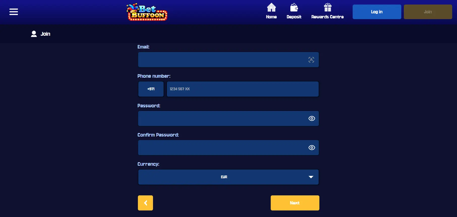Formulaire d'inscription BetBuffoon Casino